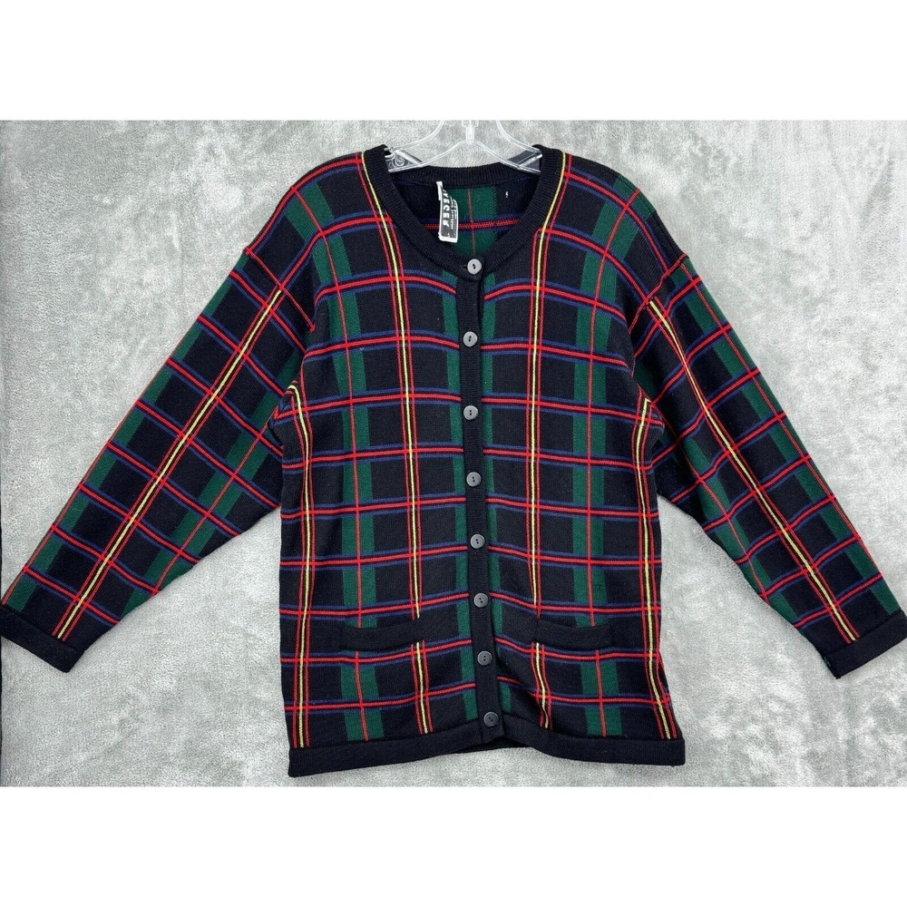 Jaeger Sweater Womens Medium Button‎ Plaid Lambswool Preppy Academia Cozy Knit